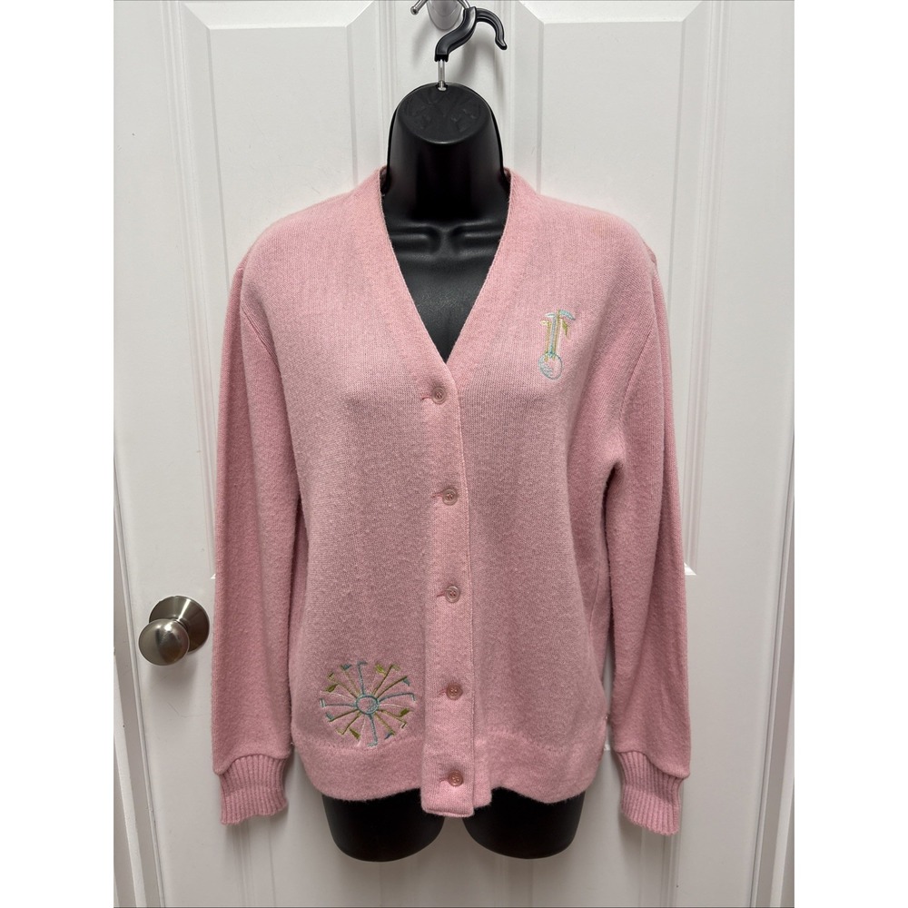 Vintage Haymaker Pink Cardigan Sweater Golf Embroidery Orlon Acrylic V-Neck